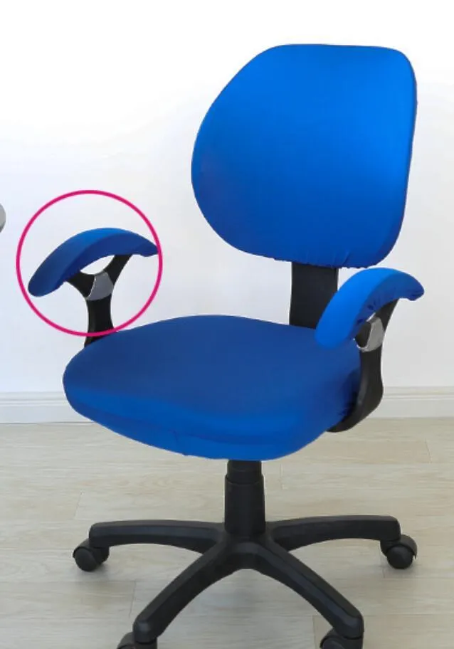 Stretchable polyester spandex office chair cover in Navy blue on a desk chair with armrest cover