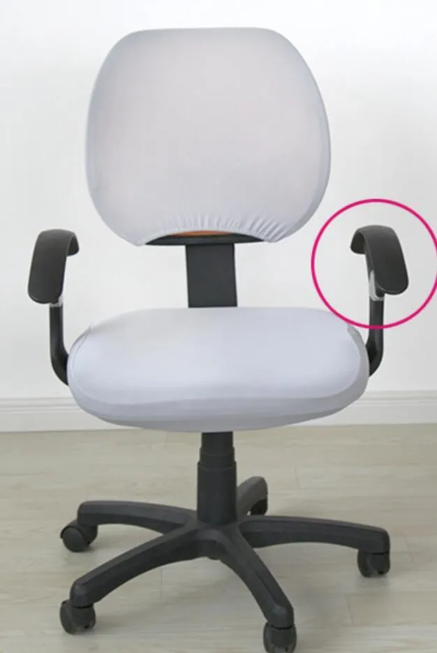 Stretchable polyester spandex office chair cover in Navy blue on a desk chair with armrest cover