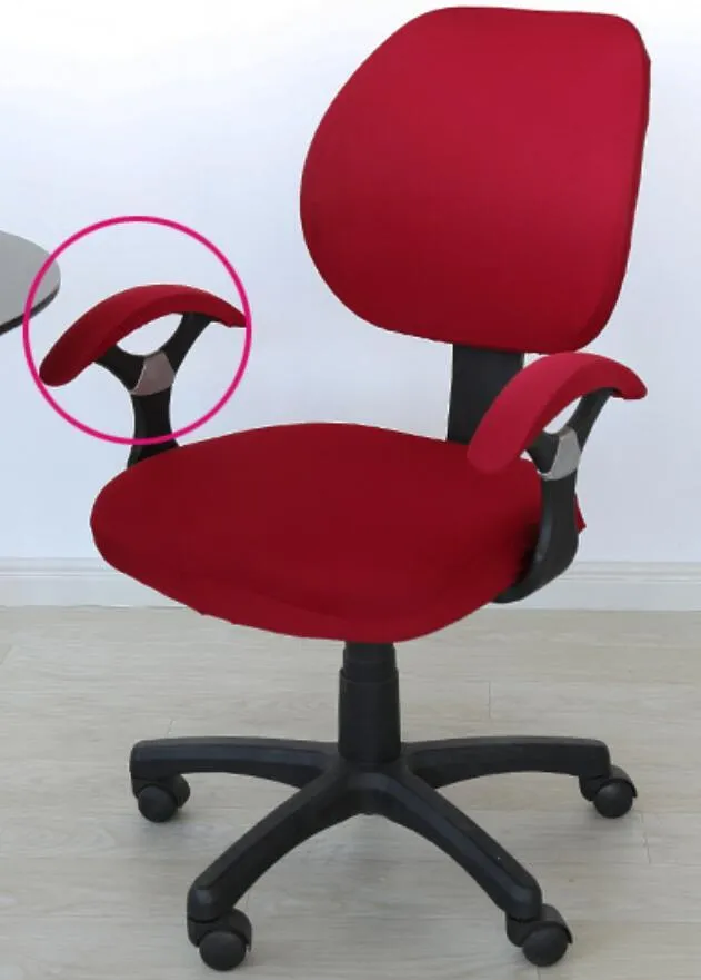 Stretchable polyester spandex office chair cover in Navy blue on a desk chair with armrest cover