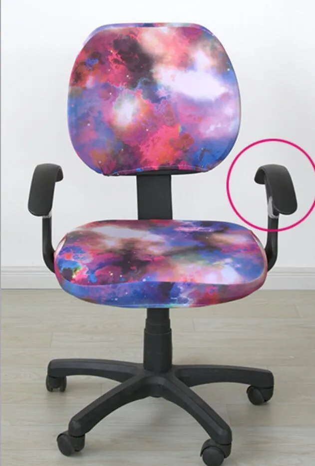 Stretchable polyester spandex office chair cover in Navy blue on a desk chair with armrest cover