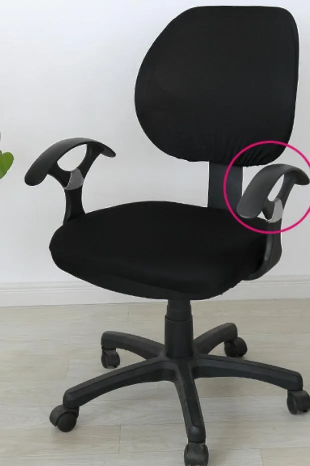 Stretchable polyester spandex office chair cover in Navy blue on a desk chair with armrest cover