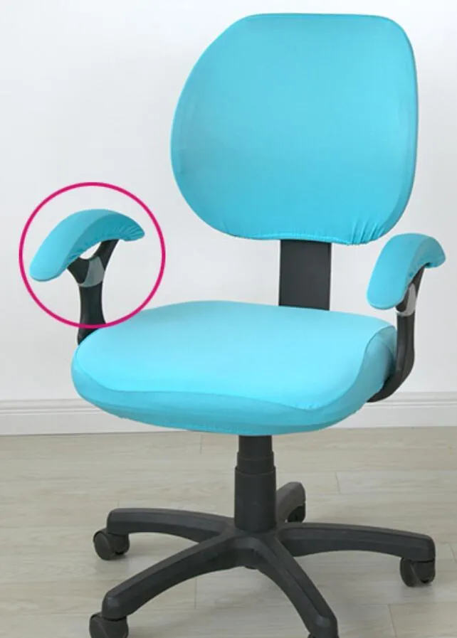 Stretchable polyester spandex office chair cover in Navy blue on a desk chair with armrest cover