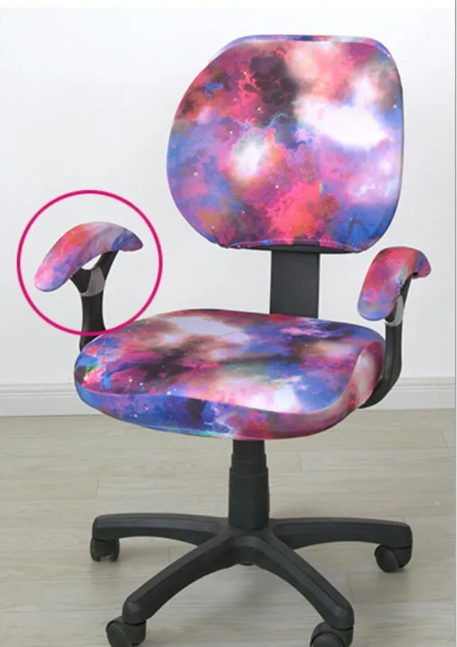 Stretchable polyester spandex office chair cover in Navy blue on a desk chair with armrest cover