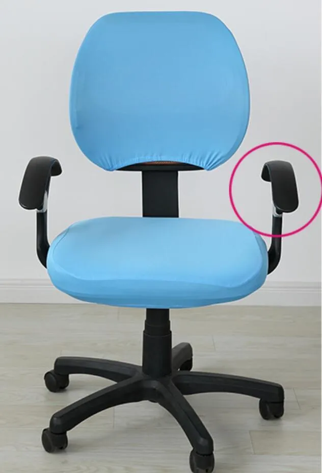 Stretchable polyester spandex office chair cover in Navy blue on a desk chair with armrest cover