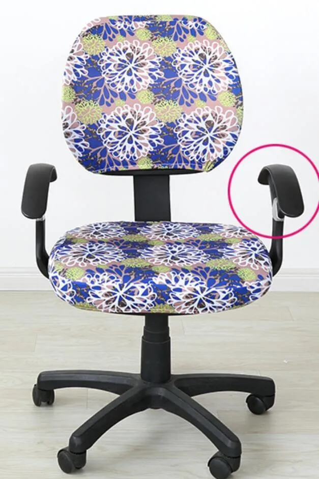 Stretchable polyester spandex office chair cover in Navy blue on a desk chair with armrest cover