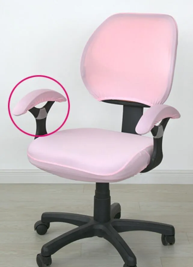 Stretchable polyester spandex office chair cover in Navy blue on a desk chair with armrest cover