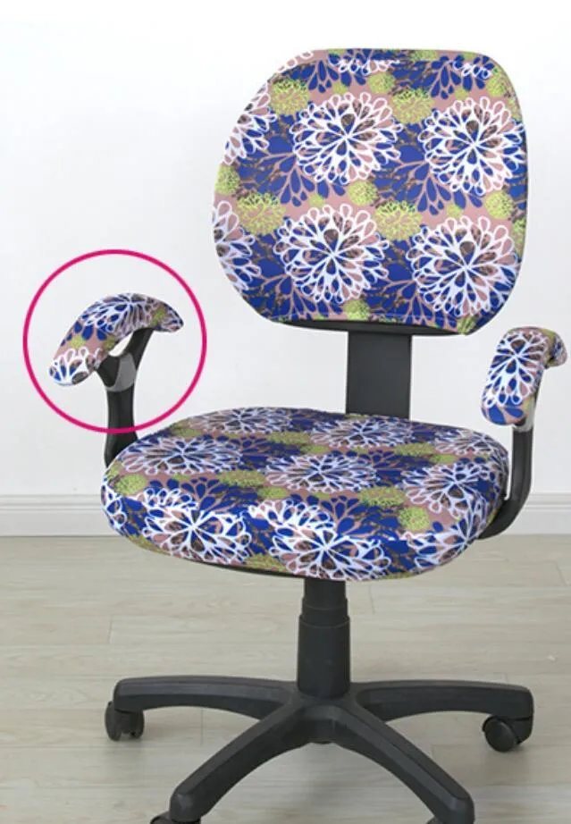 Stretchable polyester spandex office chair cover in Navy blue on a desk chair with armrest cover