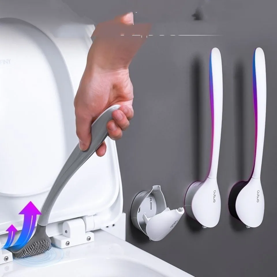 Silicone bathroom cleaning kit brush with soft rubber head and ergonomic handle in black