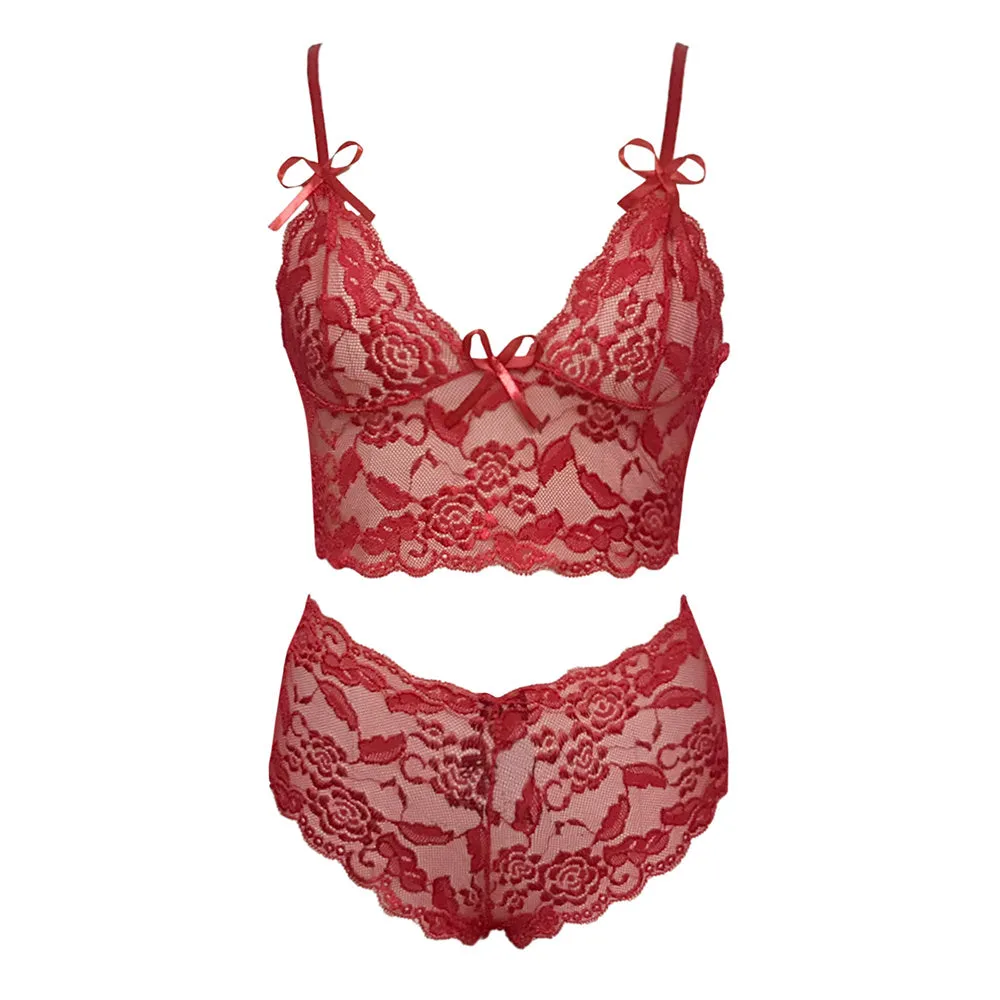 Women's see-through lace sling wrap bra and matching g-string panty set in black colour