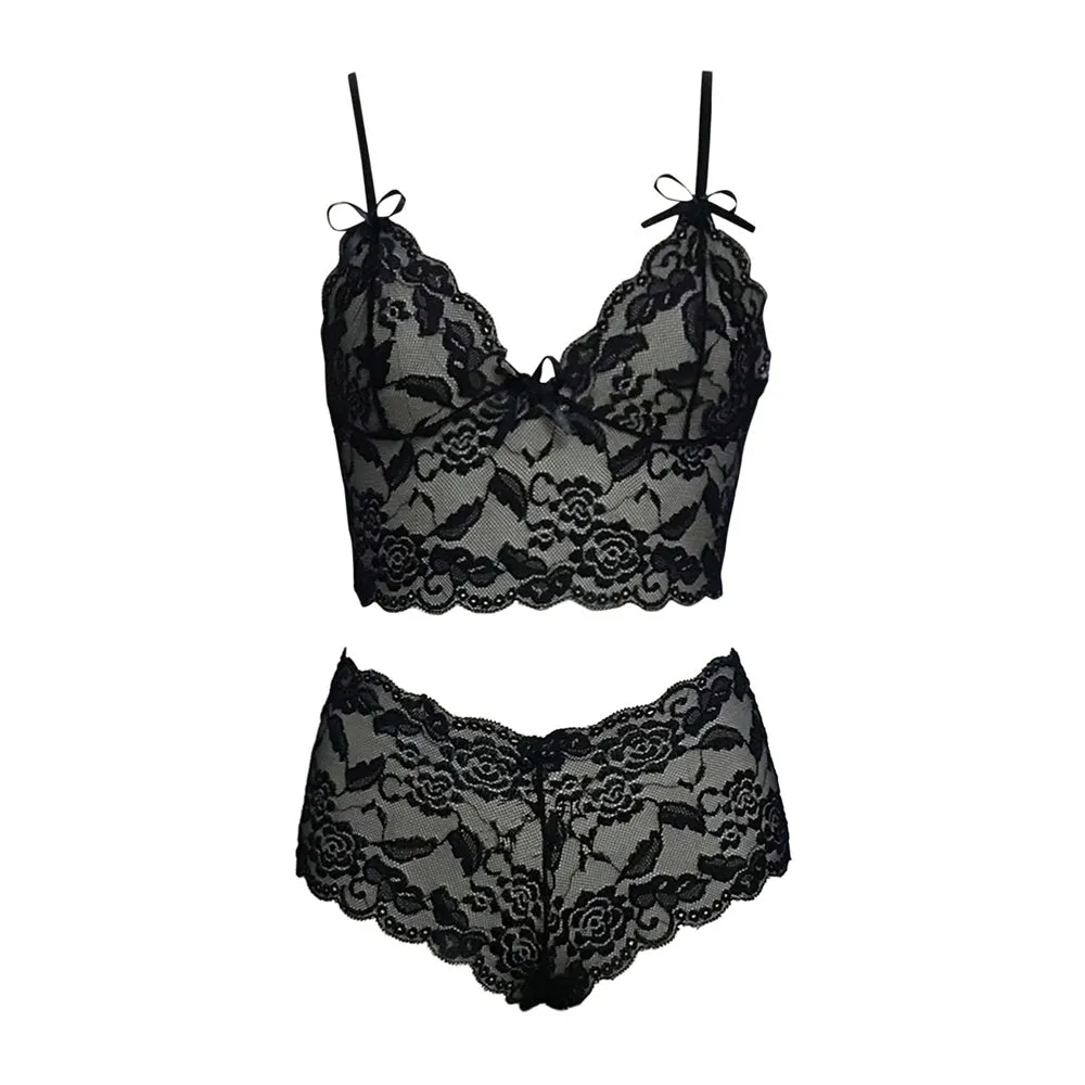 Women's see-through lace sling wrap bra and matching g-string panty set in black colour