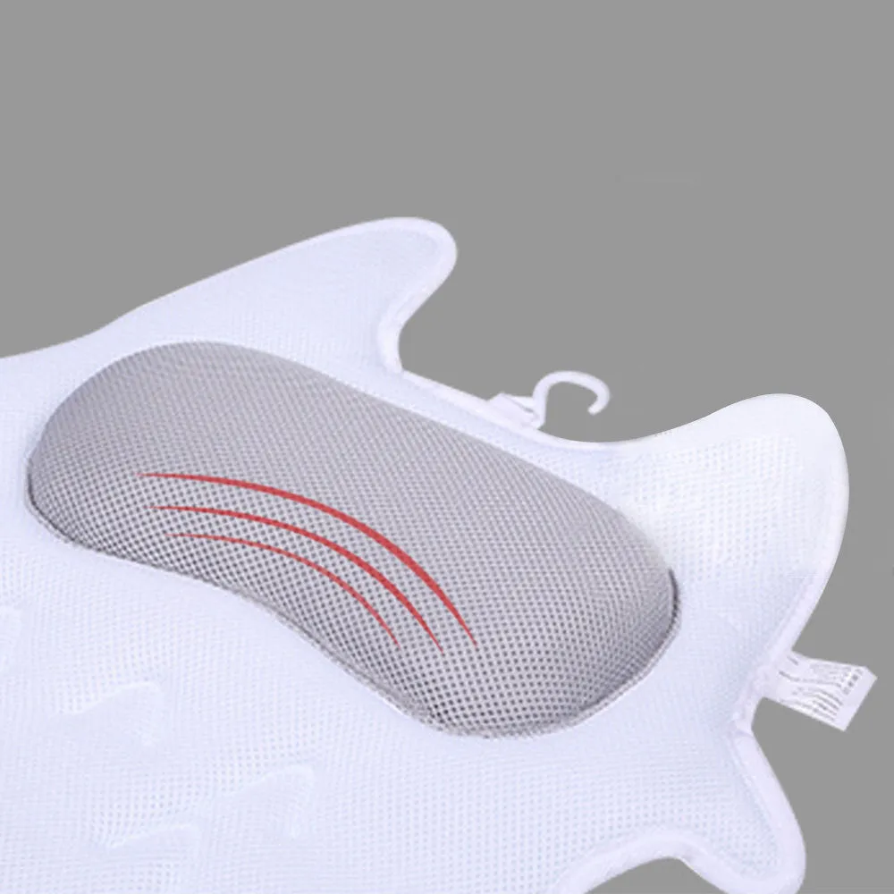 White ergonomic bathtub pillow with owl shape, 5D mesh fabric, and strong suction cups on a smooth bath surface