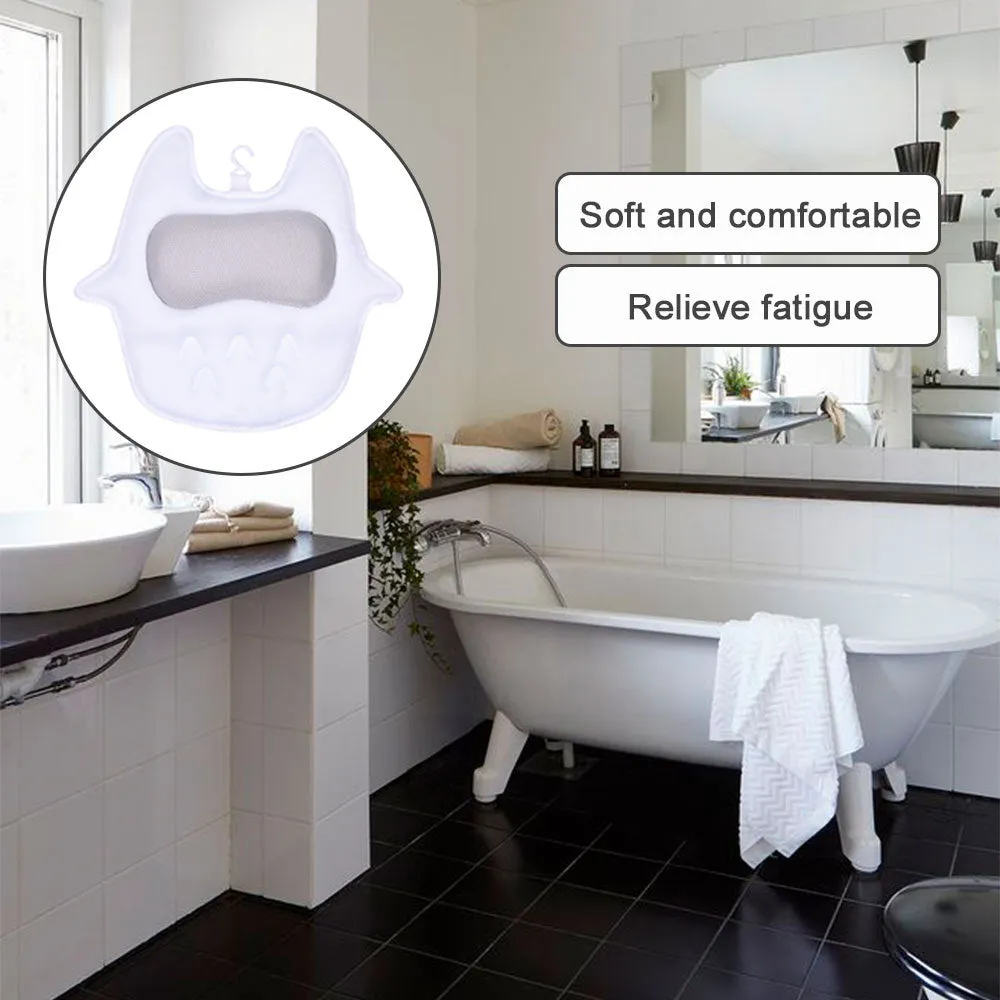 White ergonomic bathtub pillow with owl shape, 5D mesh fabric, and strong suction cups on a smooth bath surface