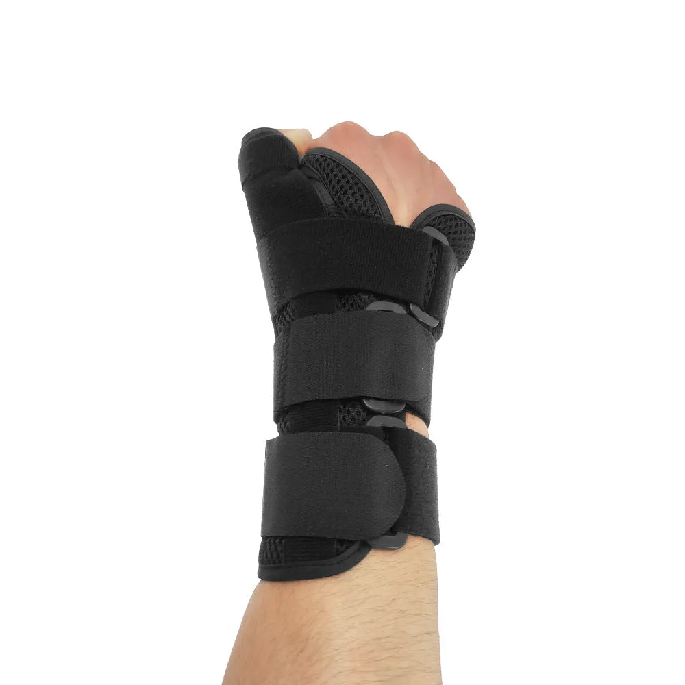 Black carbon fibre sports wrist guard with grey edging and an adjustable thumb strap