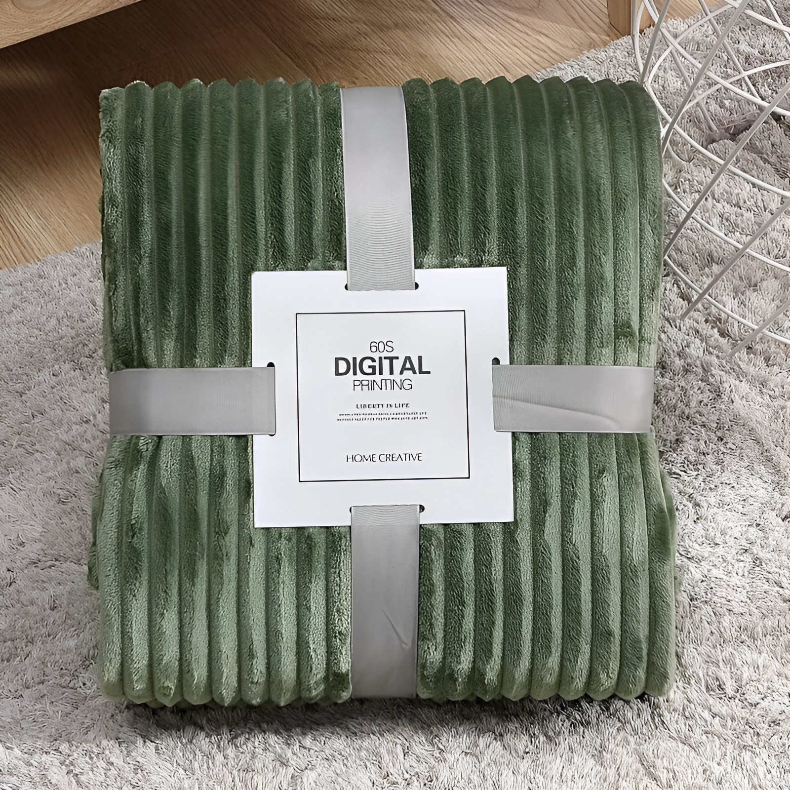 Striped coral fleece blanket in grass green colour, 100% polyester fibre, size 150x200cm, American style