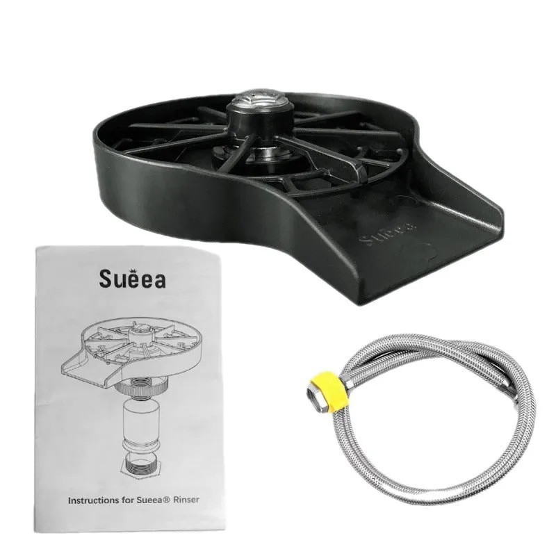 Black household bar cup washer 3-piece set with tee joint and braided hose on a kitchen counter