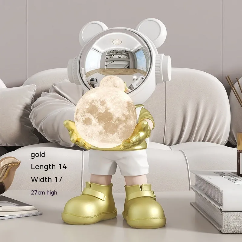 Resin desktop space bear decoration with moon night light, golden finish, modern simplicity style