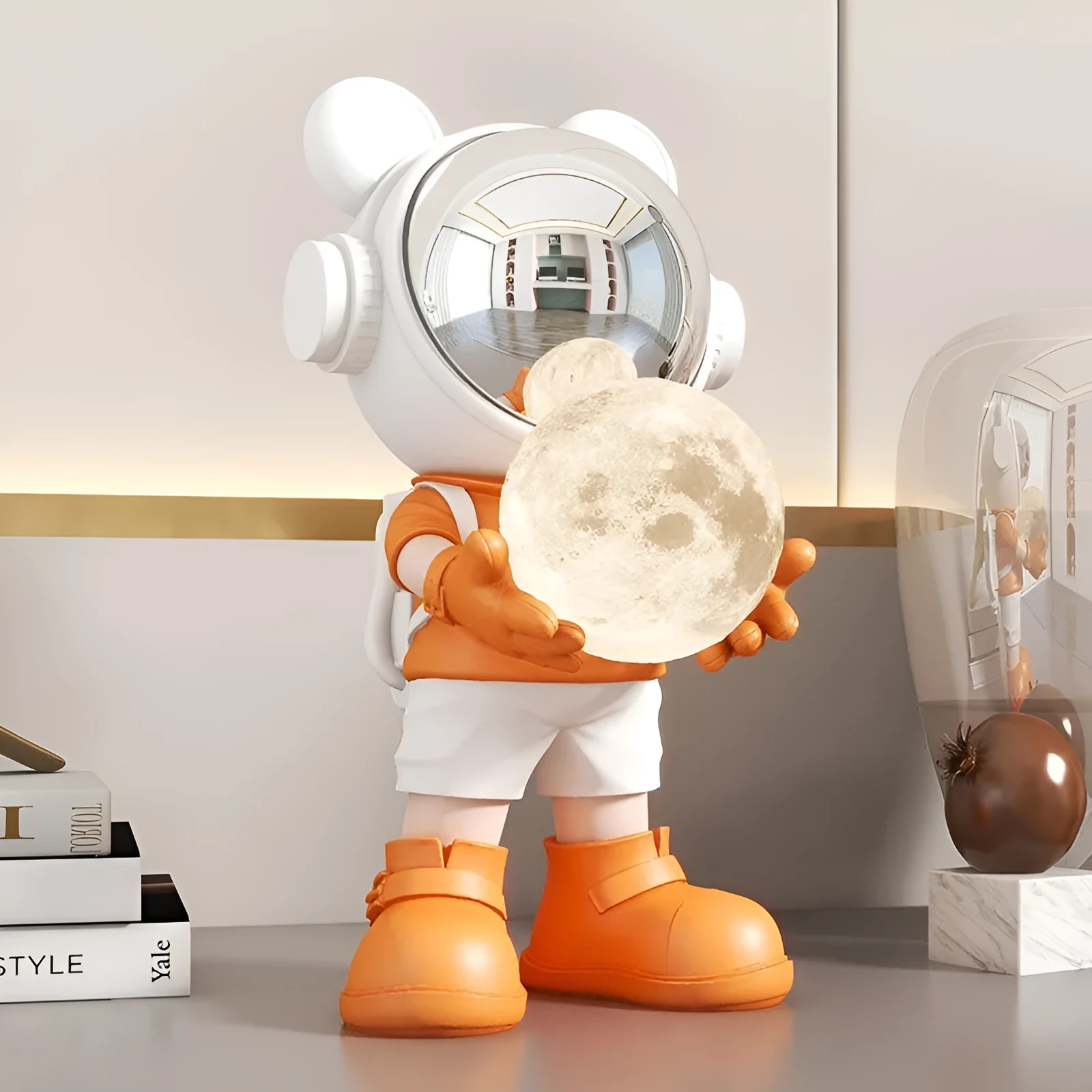 Resin desktop space bear decoration with moon night light, golden finish, modern simplicity style