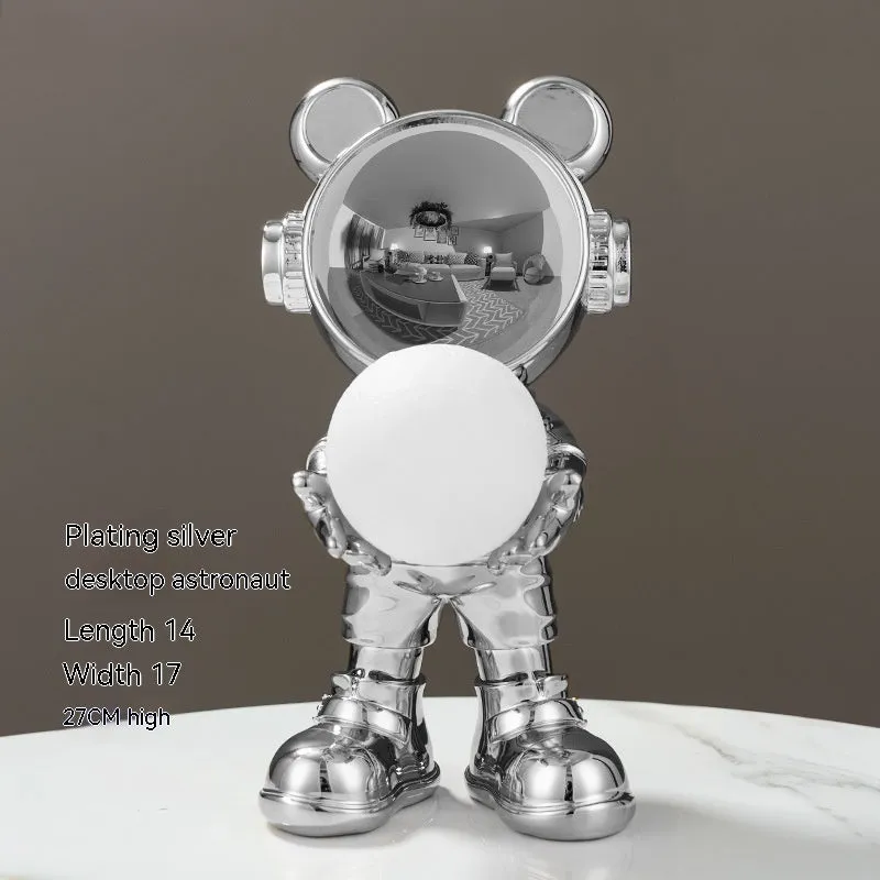 Resin desktop space bear decoration with moon night light, golden finish, modern simplicity style
