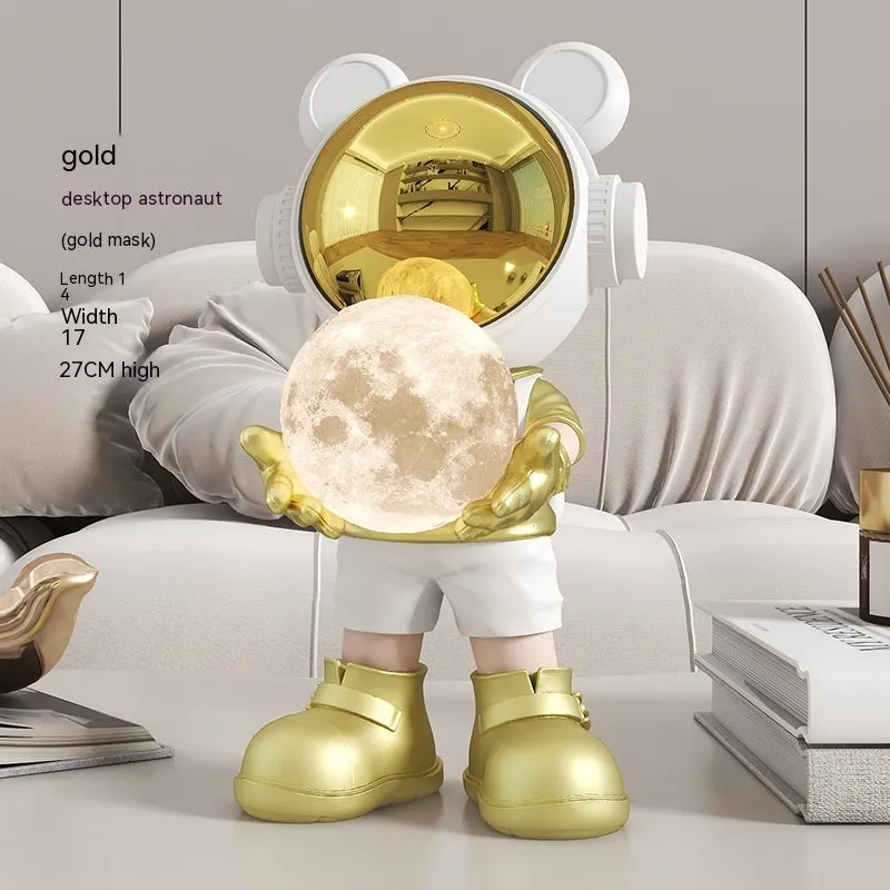Resin desktop space bear decoration with moon night light, golden finish, modern simplicity style