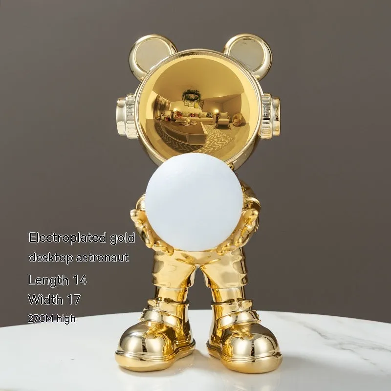 Resin desktop space bear decoration with moon night light, golden finish, modern simplicity style