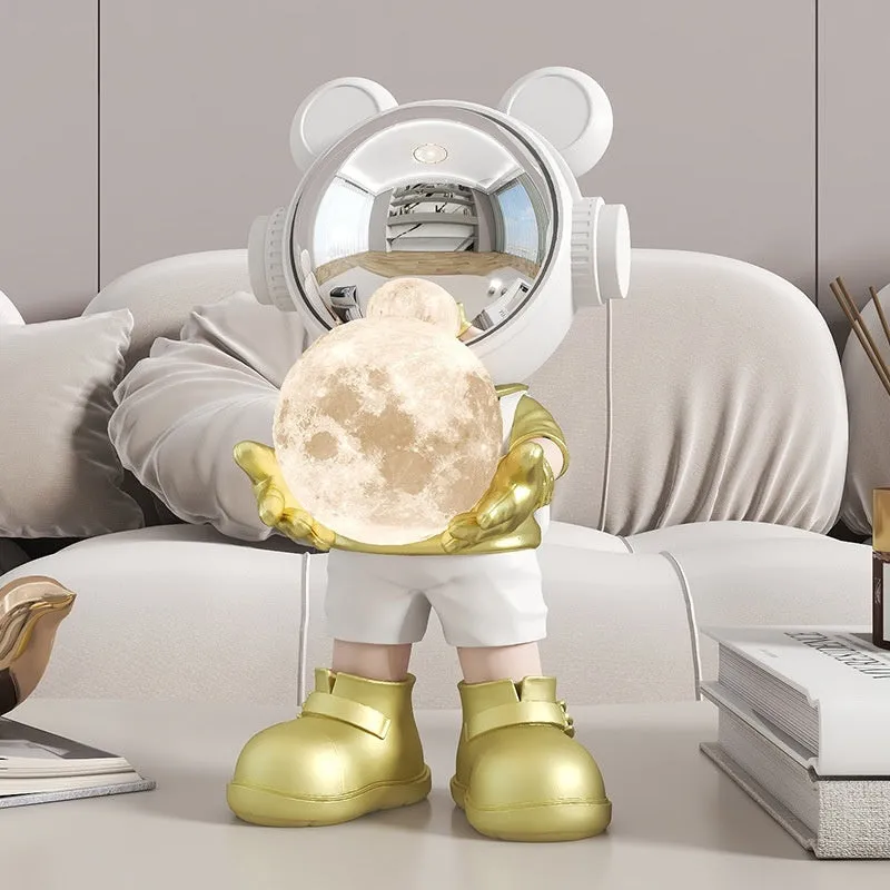 Resin desktop space bear decoration with moon night light, golden finish, modern simplicity style