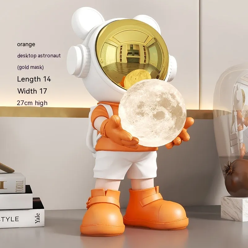 Resin desktop space bear decoration with moon night light, golden finish, modern simplicity style