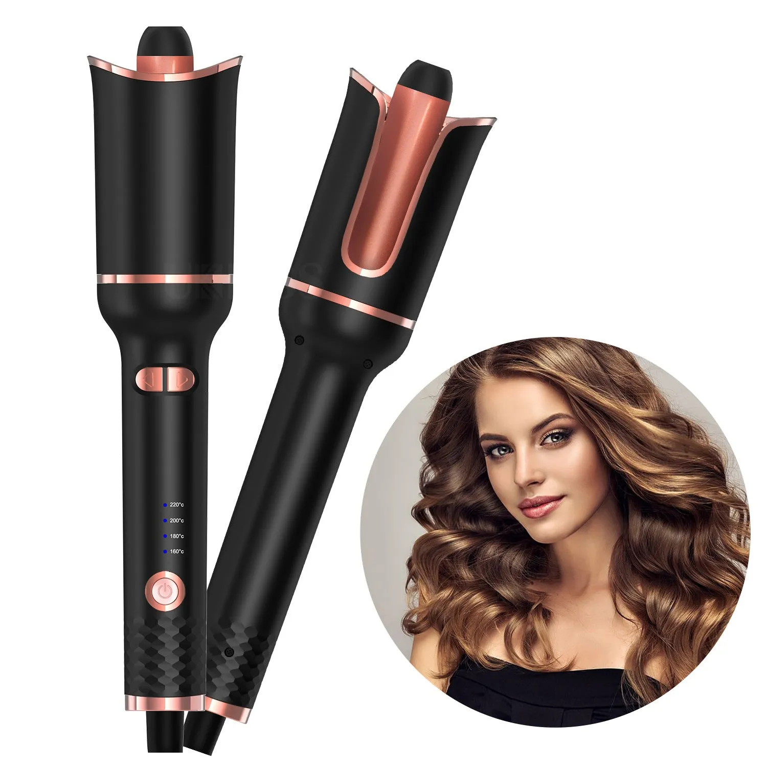 Black automatic hair curler with negative ion technology and tourmaline ceramic barrel 16mm-20mm