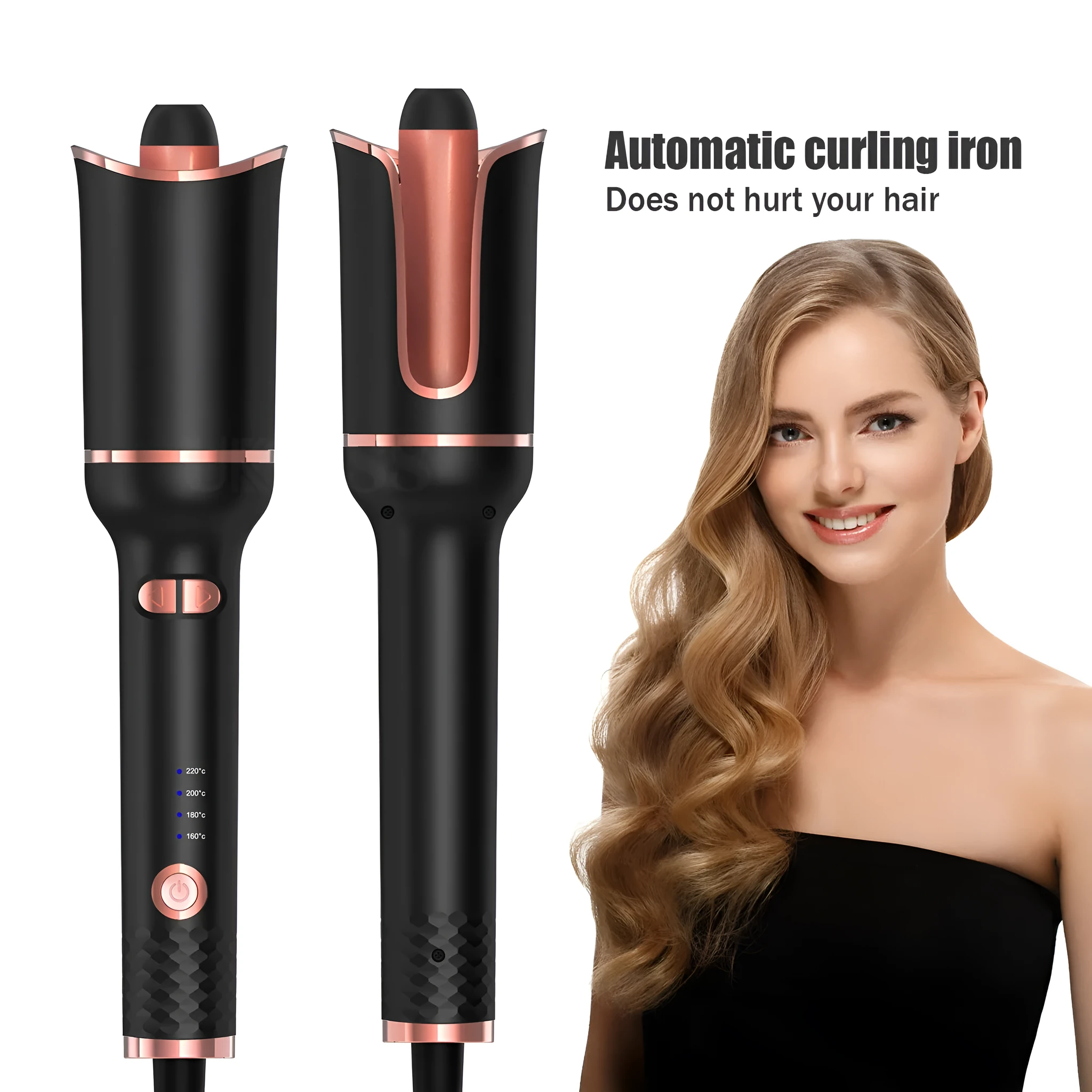 Black automatic hair curler with negative ion technology and tourmaline ceramic barrel 16mm-20mm