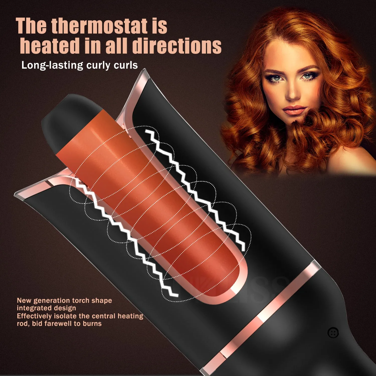 Black automatic hair curler with negative ion technology and tourmaline ceramic barrel 16mm-20mm