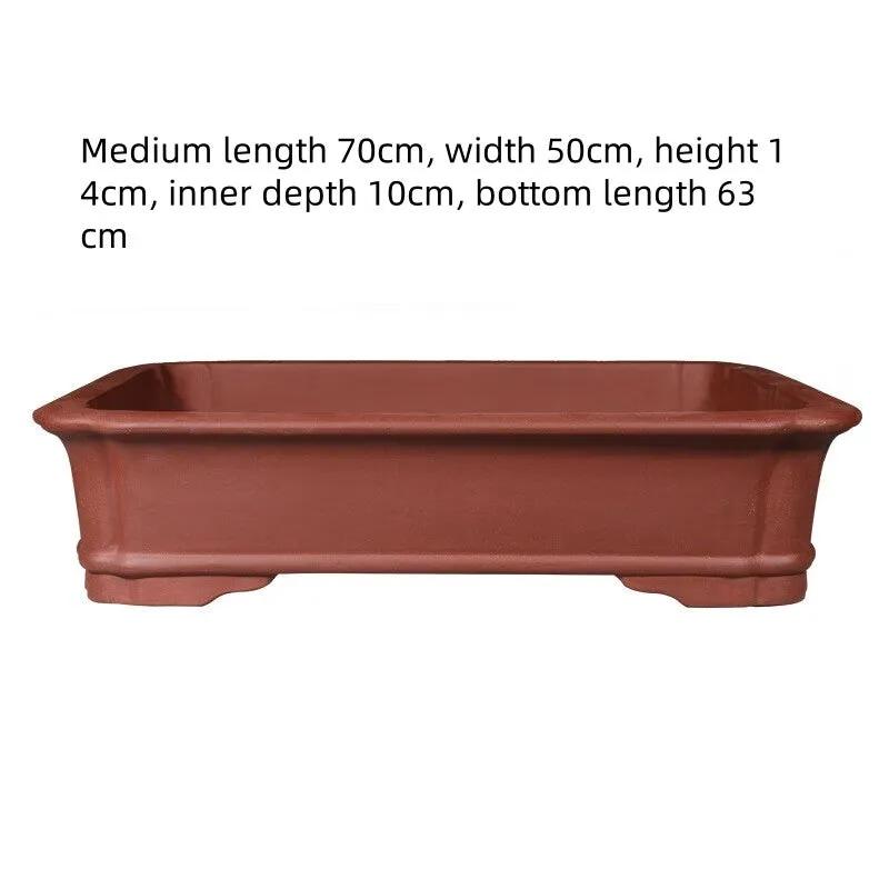 Handmade rectangular purple clay flowerpot for large plants or bonsai, shown in three available sizes.