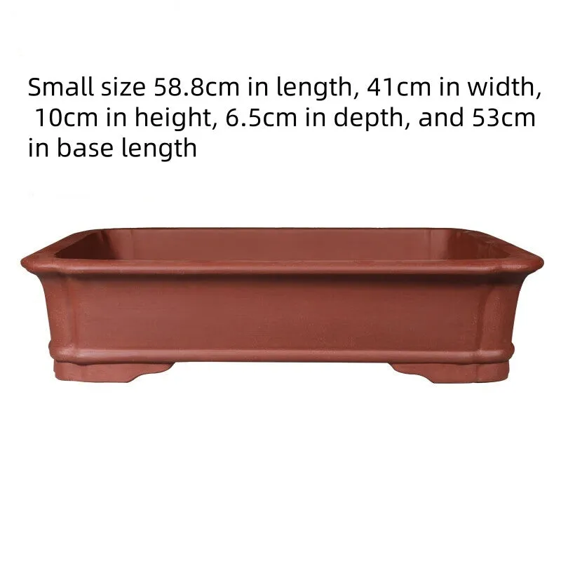 Handmade rectangular purple clay flowerpot for large plants or bonsai, shown in three available sizes.