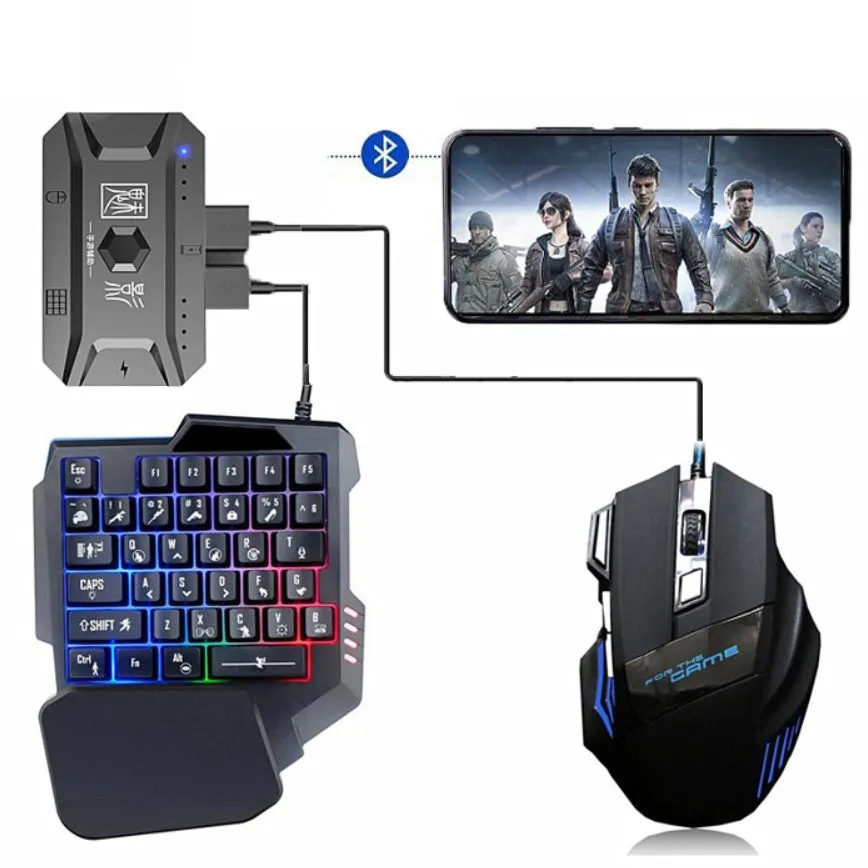 Grey ABS plastic mobile gaming keyboard and mouse converter set with USB cable