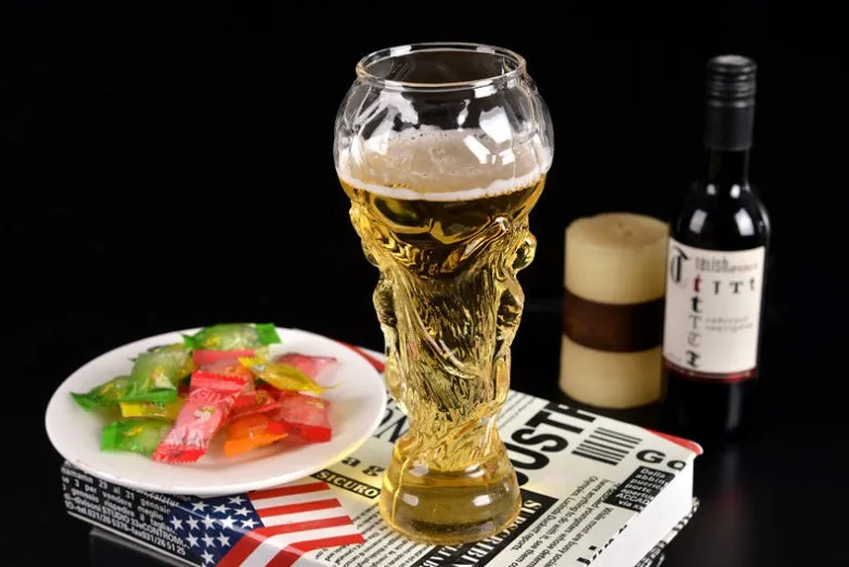 Hercules transparent glass beer cup shaped like a world cup trophy with 450ml capacity and 19cm height