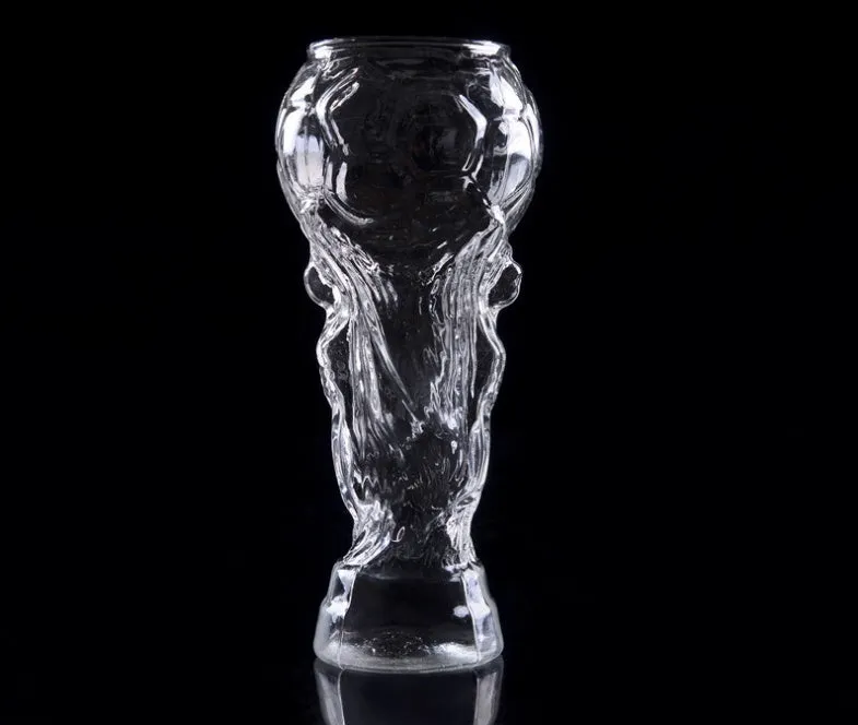 Hercules transparent glass beer cup shaped like a world cup trophy with 450ml capacity and 19cm height