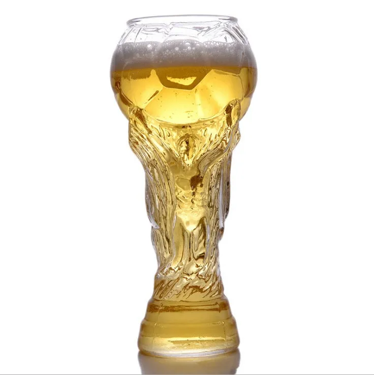 Hercules transparent glass beer cup shaped like a world cup trophy with 450ml capacity and 19cm height