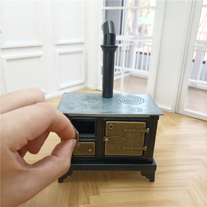 Brown miniature wrought iron stove model for dollhouse kitchen scene accessory