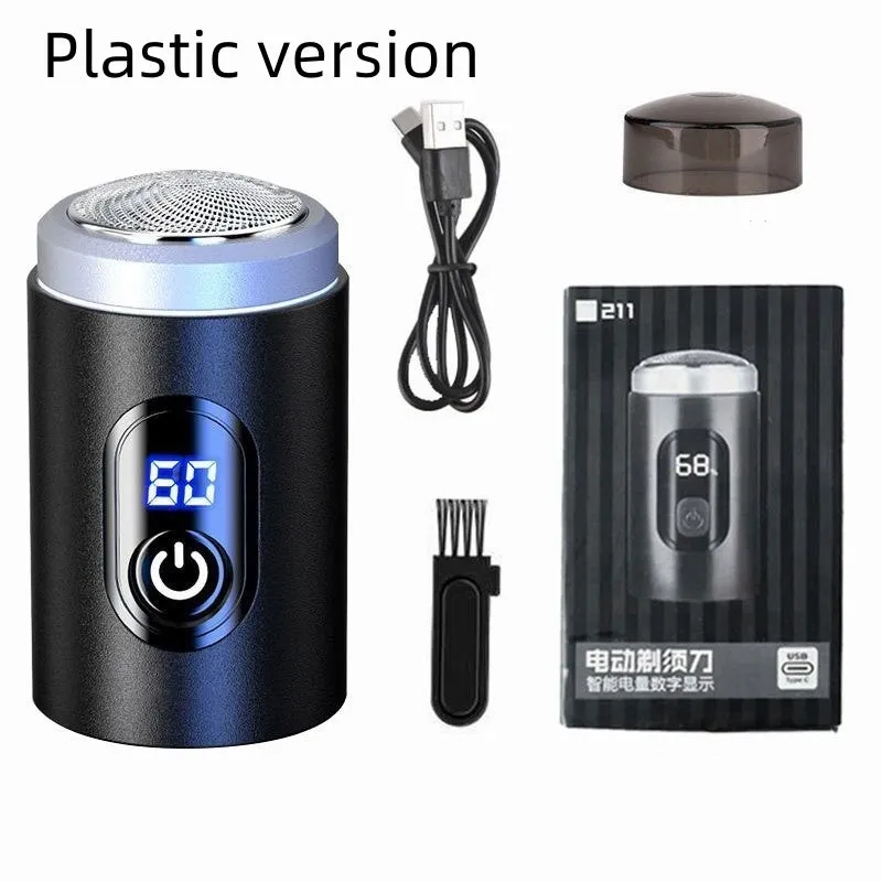 Black portable rechargeable shaver with USB charging cable and cleaning brush accessories