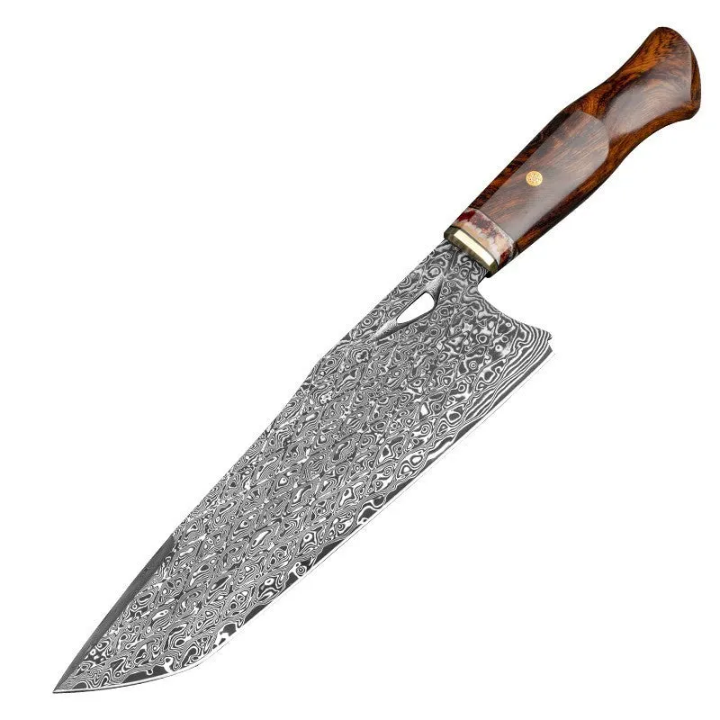 Damascus steel chef's knife with 21.8cm blade, milky off-white handle, and Damascus pattern steel construction