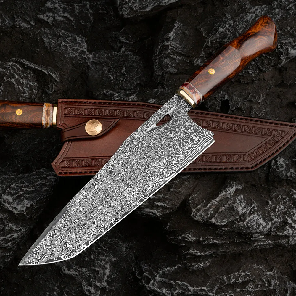 Damascus steel chef's knife with 21.8cm blade, milky off-white handle, and Damascus pattern steel construction