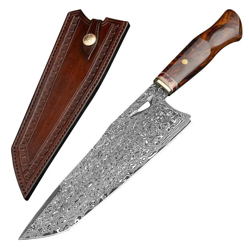 Damascus steel chef's knife with 21.8cm blade, milky off-white handle, and Damascus pattern steel construction