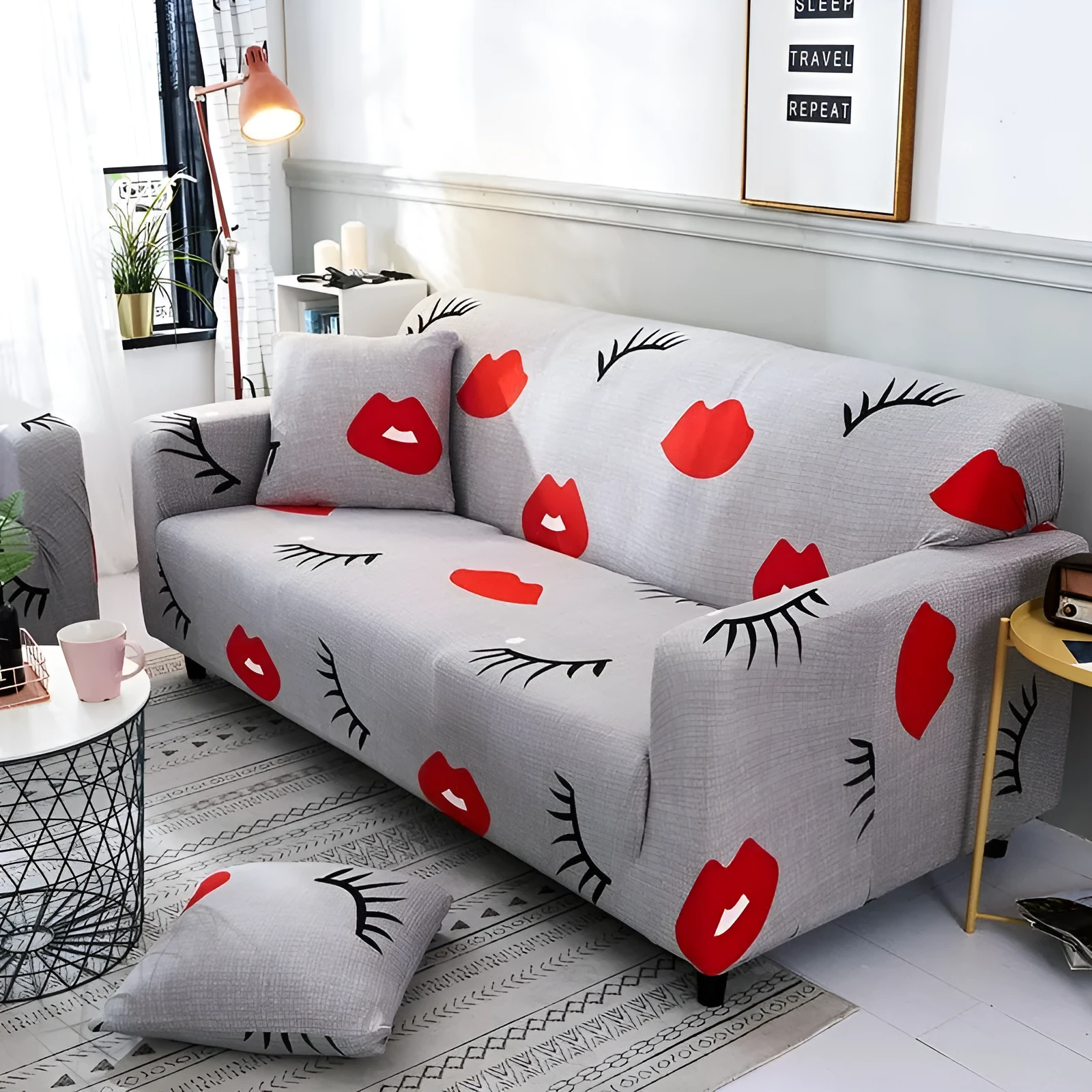 Elastic three-seat sofa cover in polyester blend fabric, stretched over a sofa, available in multiple colours A-J