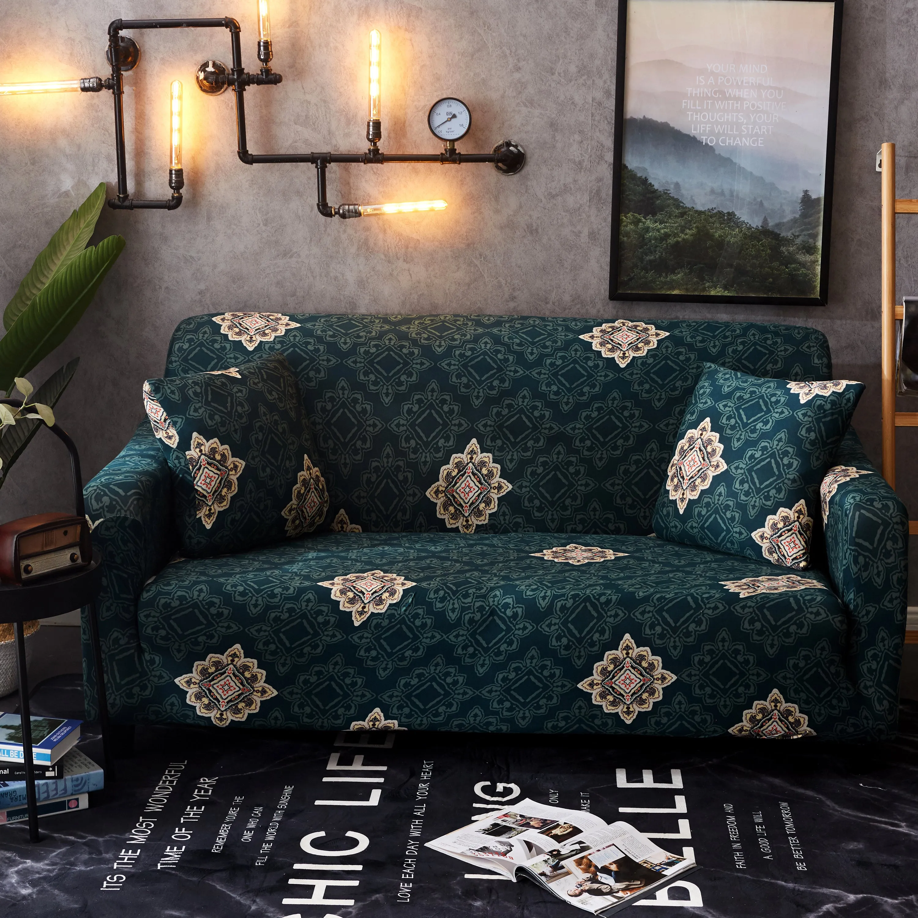 Elastic three-seat sofa cover in polyester blend fabric, stretched over a sofa, available in multiple colours A-J