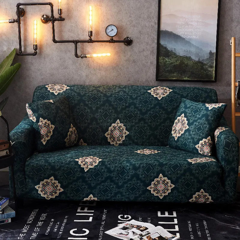 Elastic three-seat sofa cover in polyester blend fabric, stretched over a sofa, available in multiple colours A-J