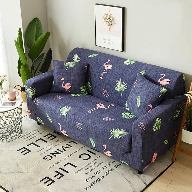 Elastic three-seat sofa cover in polyester blend fabric, stretched over a sofa, available in multiple colours A-J