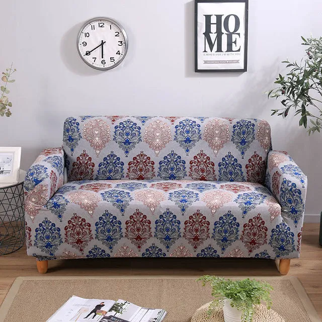 Elastic three-seat sofa cover in polyester blend fabric, stretched over a sofa, available in multiple colours A-J
