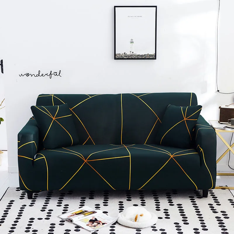 Elastic three-seat sofa cover in polyester blend fabric, stretched over a sofa, available in multiple colours A-J