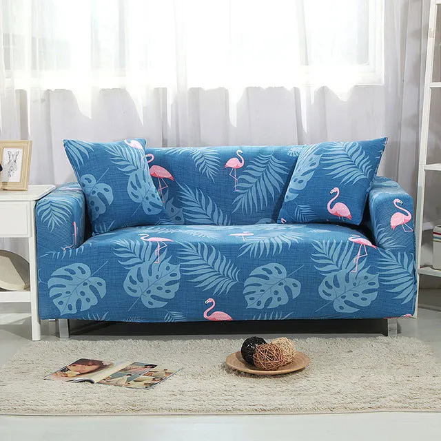 Elastic three-seat sofa cover in polyester blend fabric, stretched over a sofa, available in multiple colours A-J