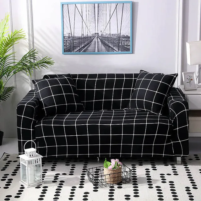 Elastic three-seat sofa cover in polyester blend fabric, stretched over a sofa, available in multiple colours A-J