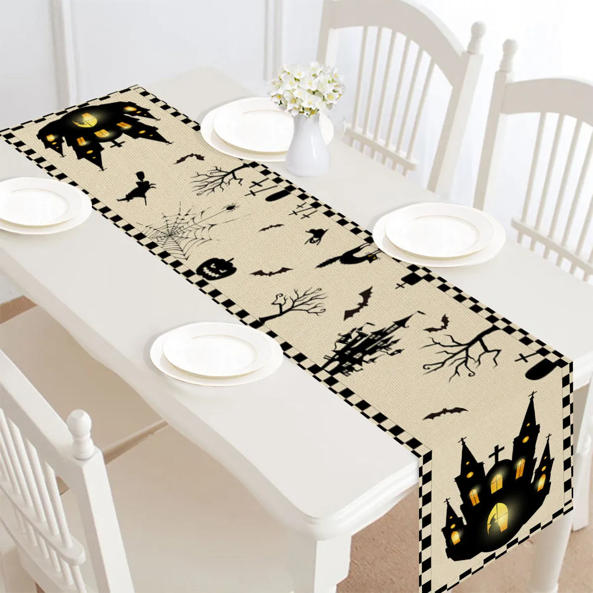 Halloween table runner 30x182 cm polyester linen style bunting with digital print pattern