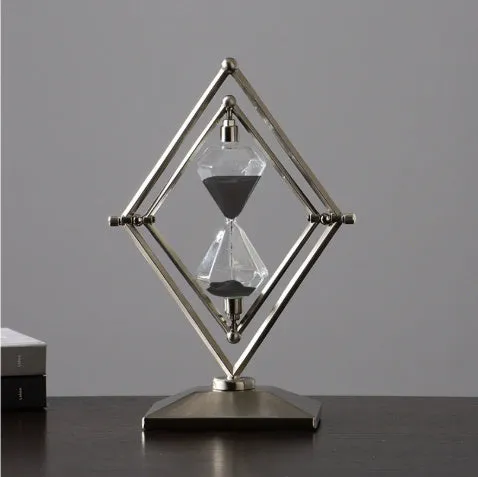Glass sand timer with zinc alloy metal ornament base in bronze or silver with white or black sand